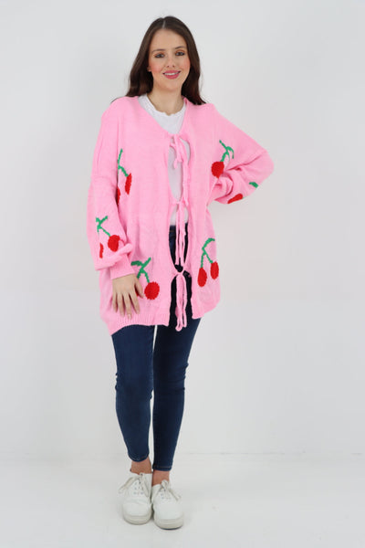 Triple Tie Front Cherry Print Cardigan