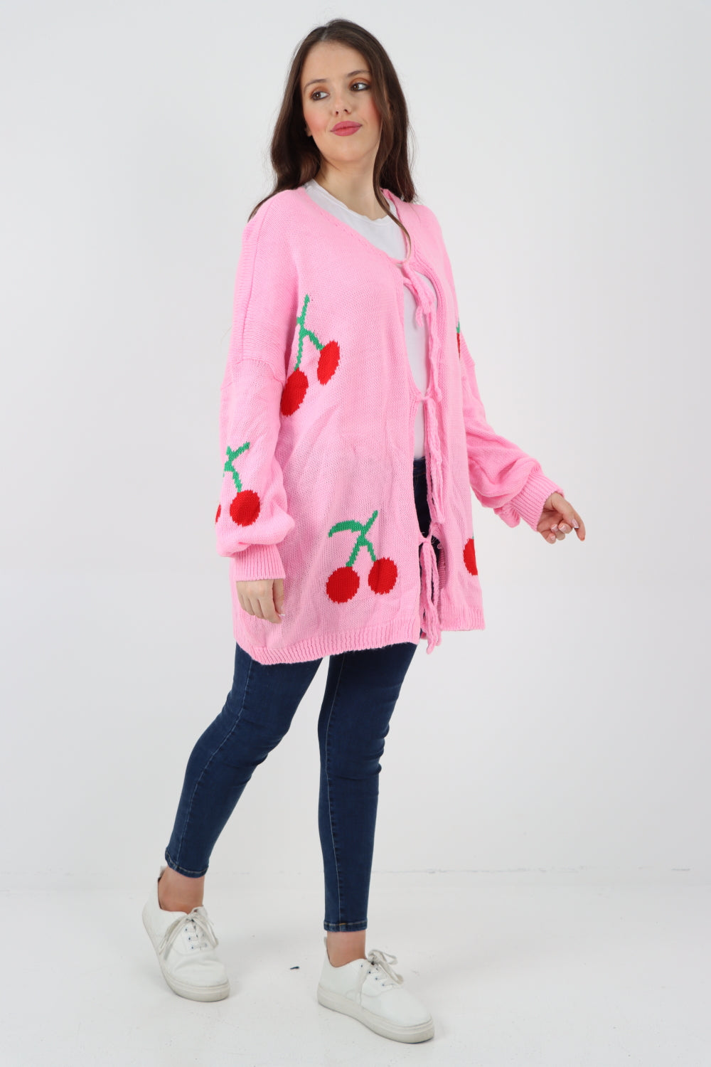 Triple Tie Front Cherry Print Cardigan