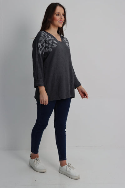 Sequin Detail On Shoulder Soft Knit Jumper Top