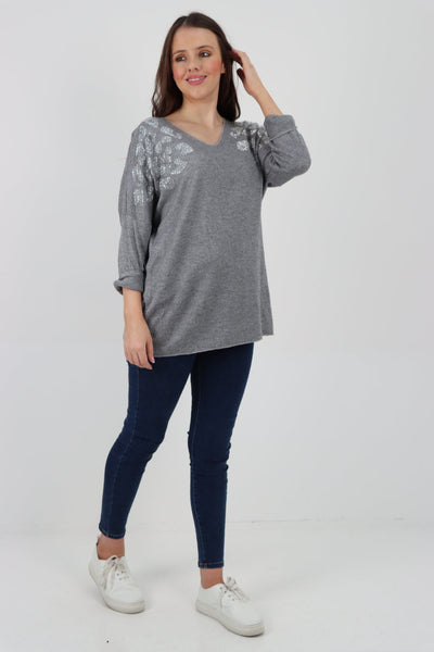 Sequin Detail On Shoulder Soft Knit Jumper Top