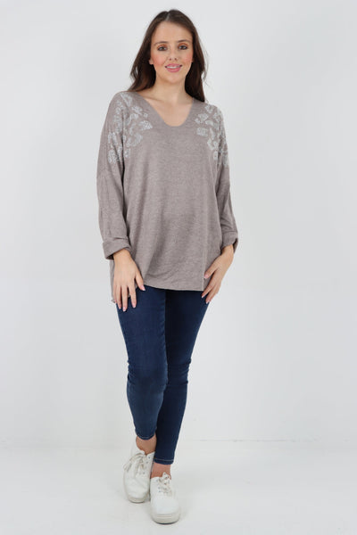 Sequin Detail On Shoulder Soft Knit Jumper Top