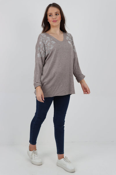 Sequin Detail On Shoulder Soft Knit Jumper Top