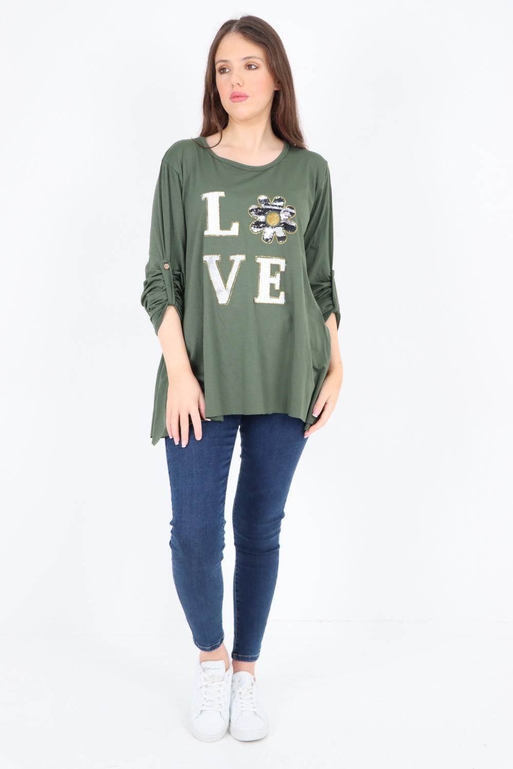 Love Glitter Print Turn Up Sleeve Tunic Top