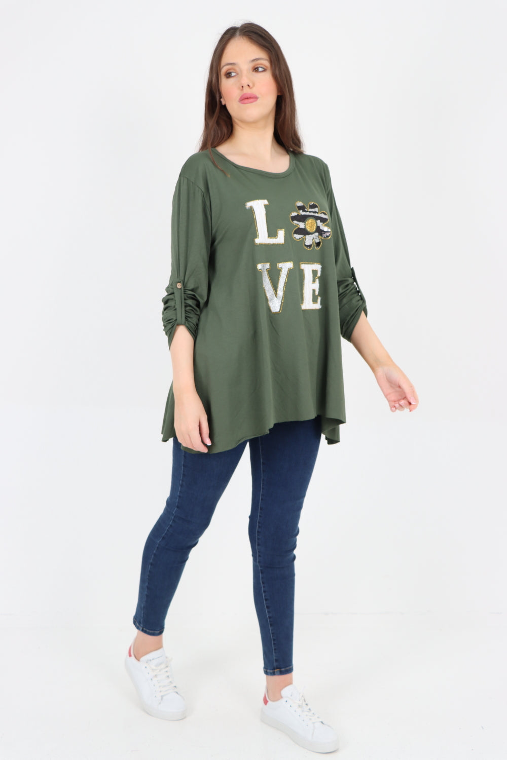 Love Glitter Print Turn Up Sleeve Tunic Top