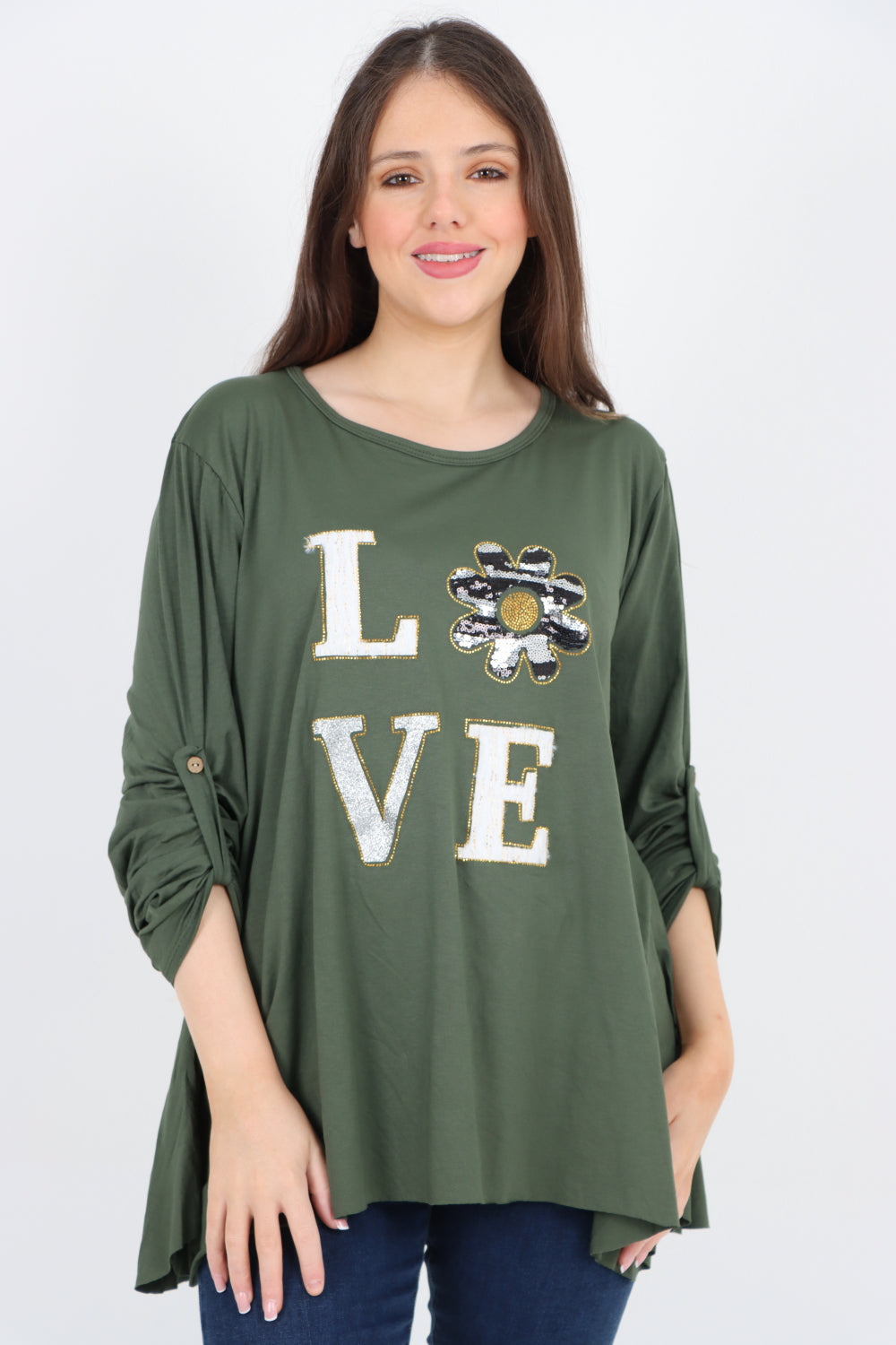 Love Glitter Print Turn Up Sleeve Tunic Top