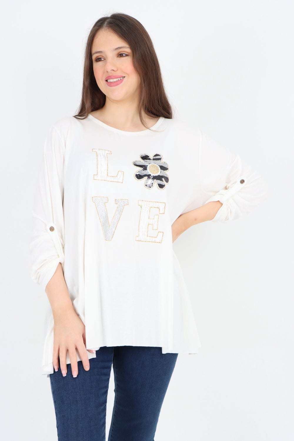 Love Glitter Print Turn Up Sleeve Tunic Top