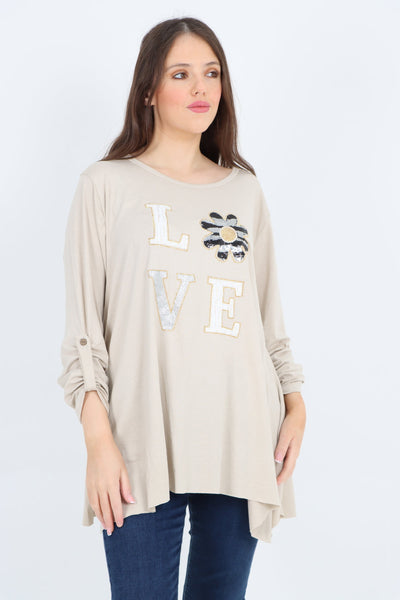 Love Glitter Print Turn Up Sleeve Tunic Top