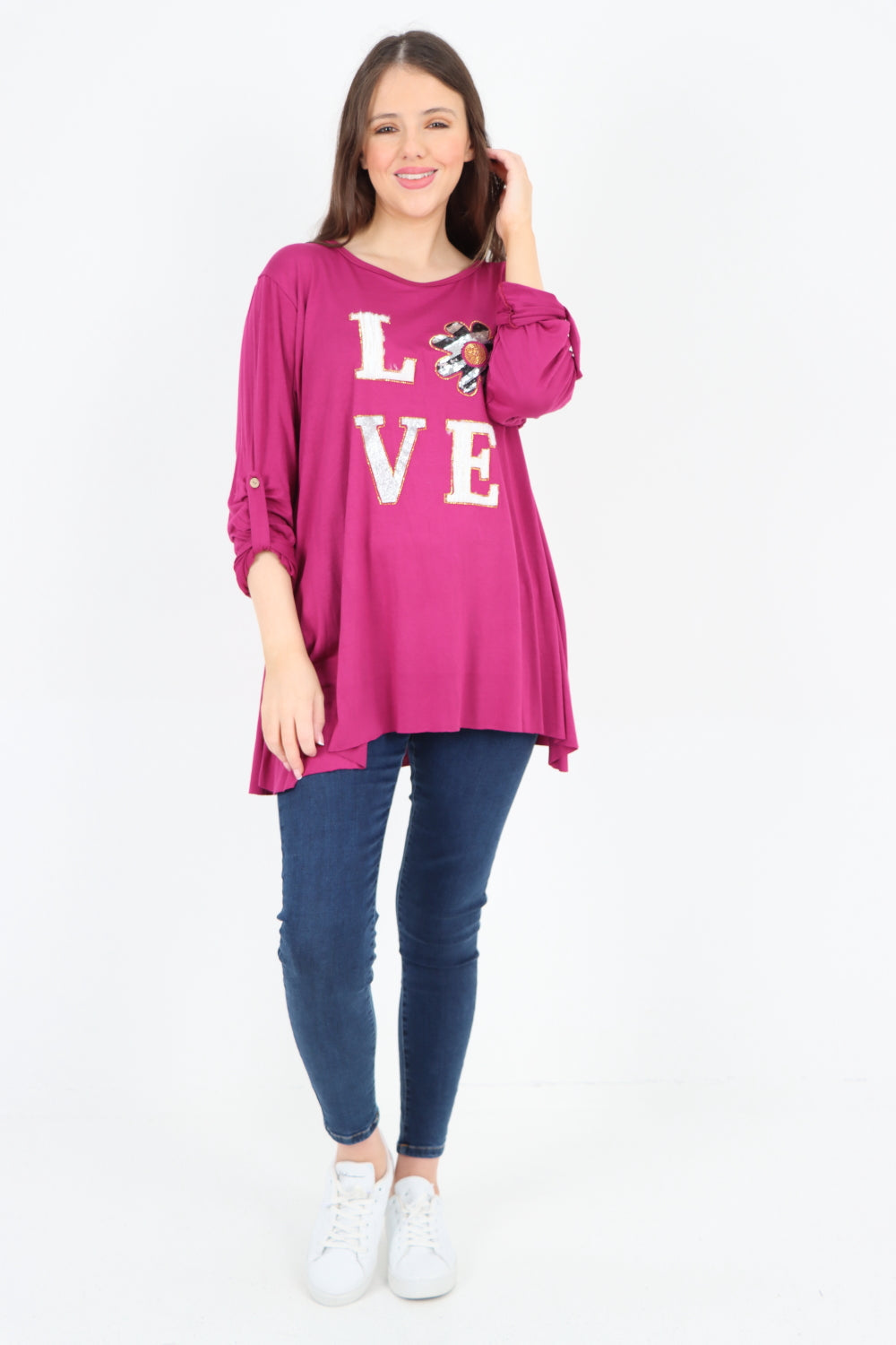 Love Glitter Print Turn Up Sleeve Tunic Top