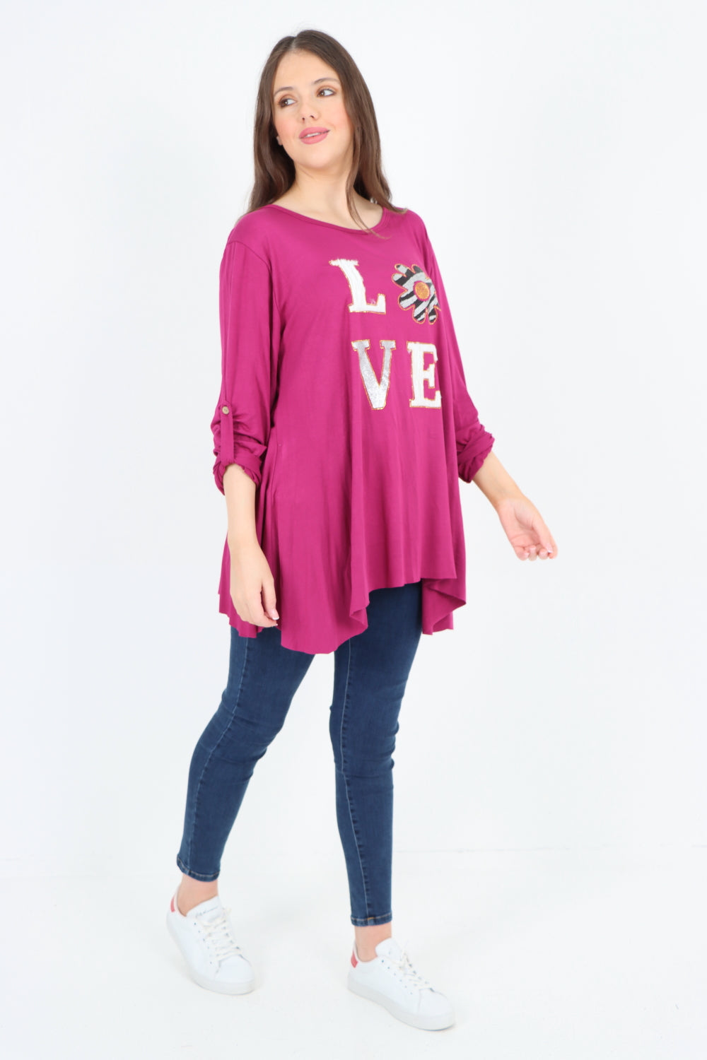 Love Glitter Print Turn Up Sleeve Tunic Top