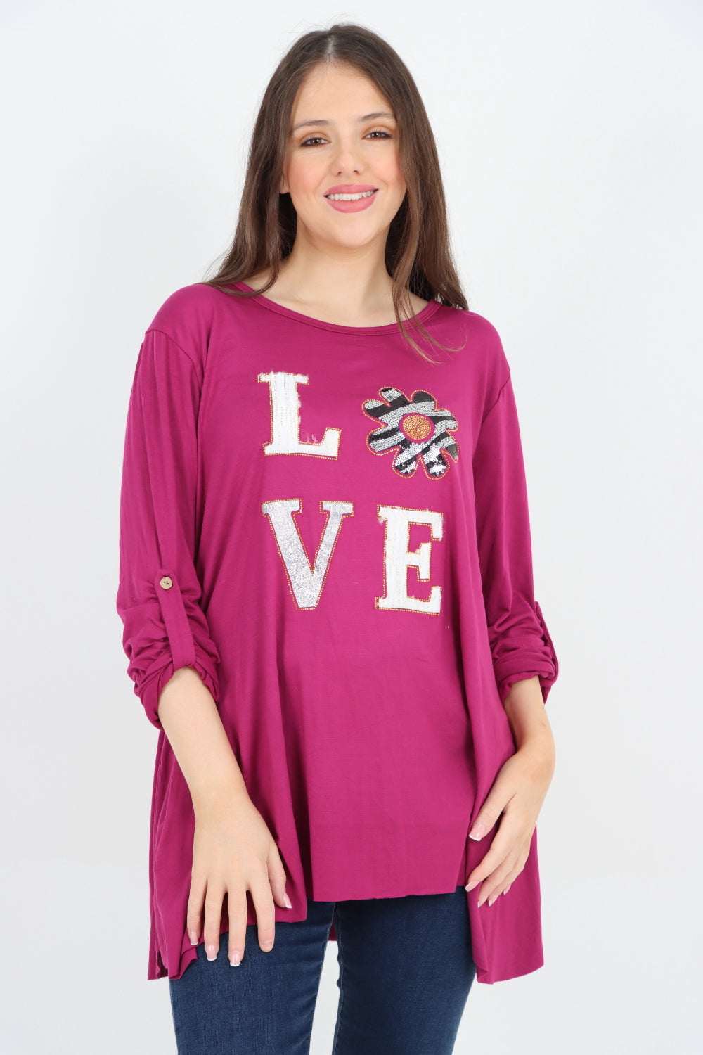 Love Glitter Print Turn Up Sleeve Tunic Top