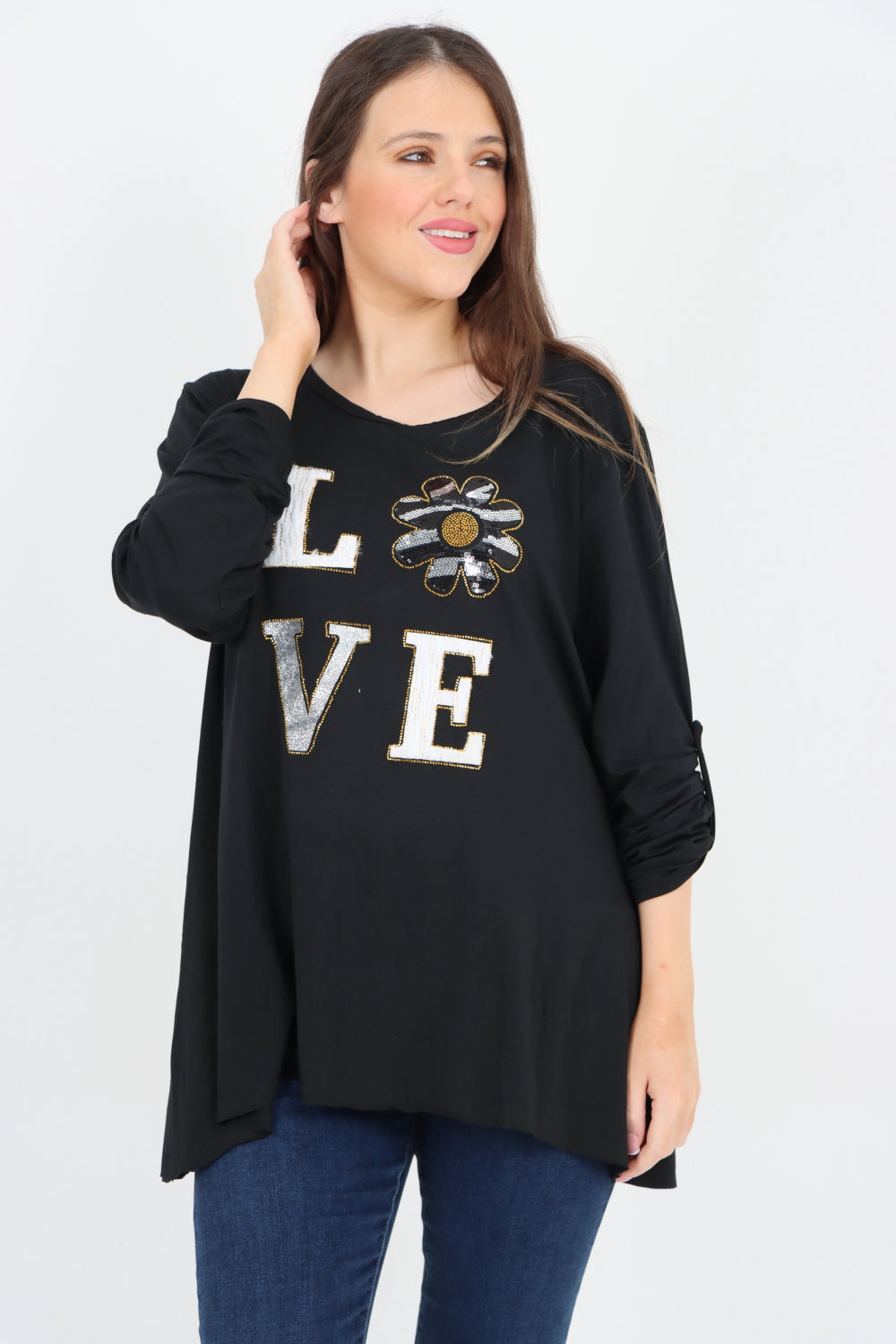 Love Glitter Print Turn Up Sleeve Tunic Top