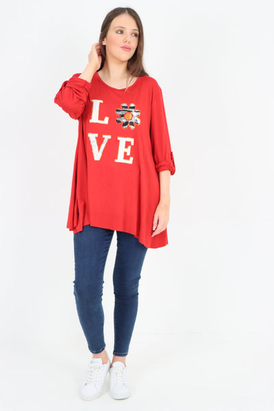 Love Glitter Print Turn Up Sleeve Tunic Top