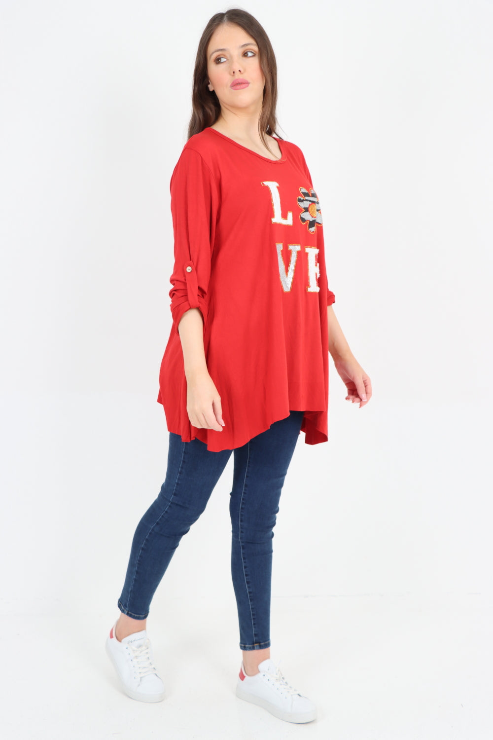 Love Glitter Print Turn Up Sleeve Tunic Top