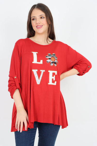 Love Glitter Print Turn Up Sleeve Tunic Top