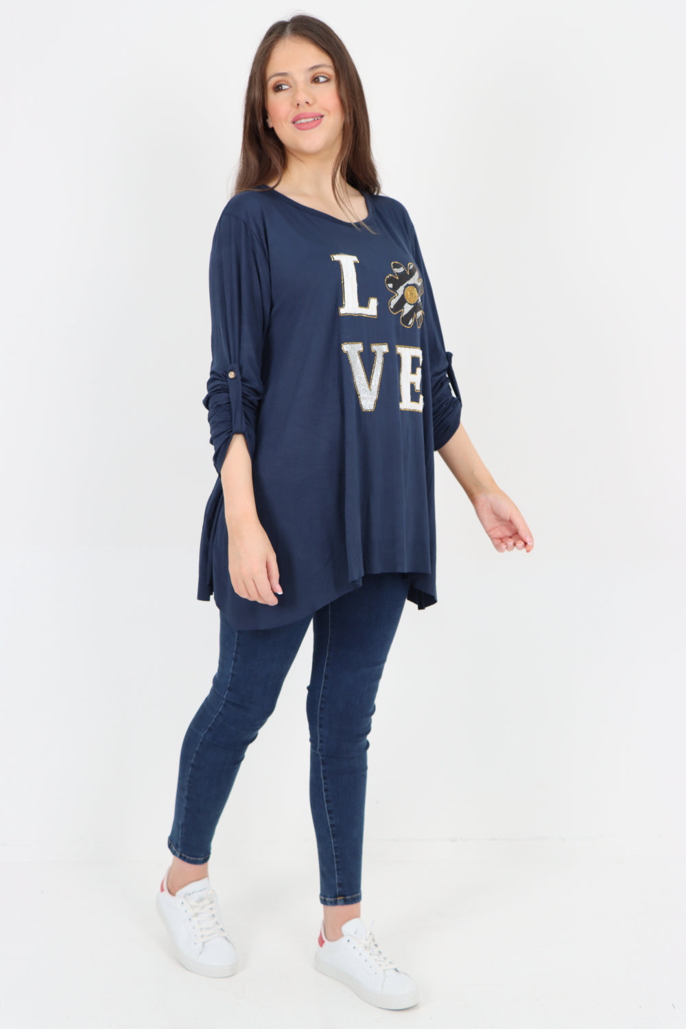 Love Glitter Print Turn Up Sleeve Tunic Top