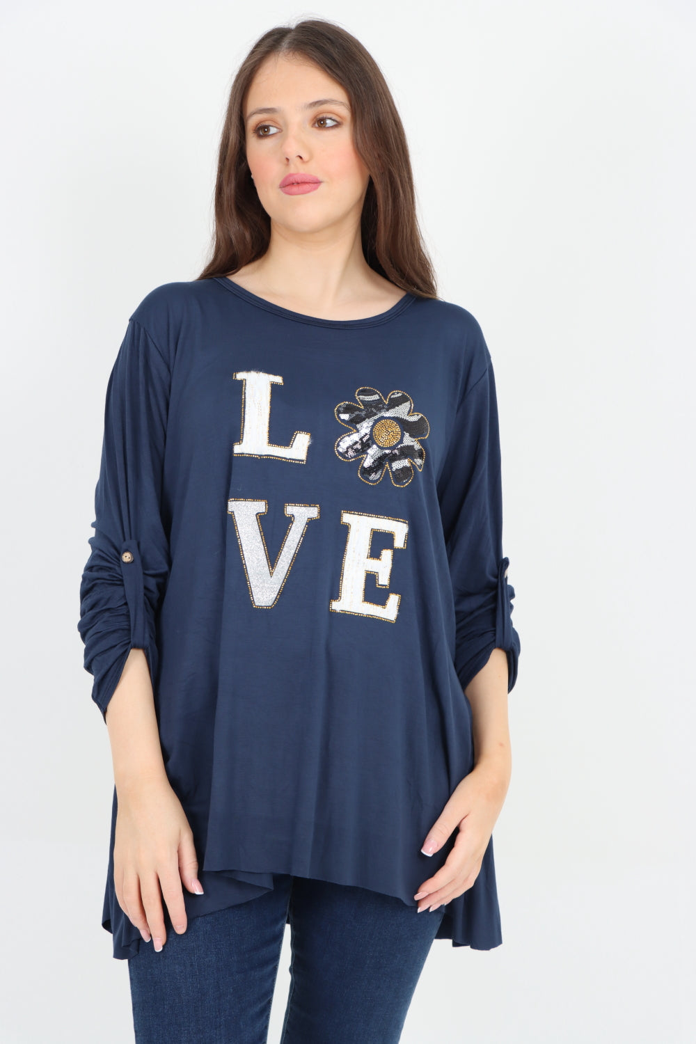 Love Glitter Print Turn Up Sleeve Tunic Top