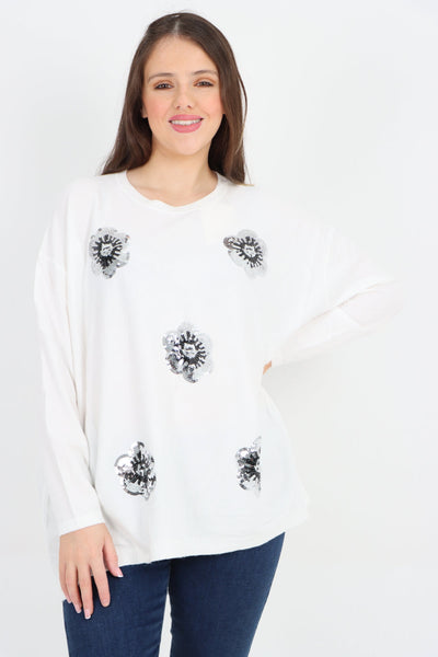 Silver Sparkle Floral Print Jumper Top