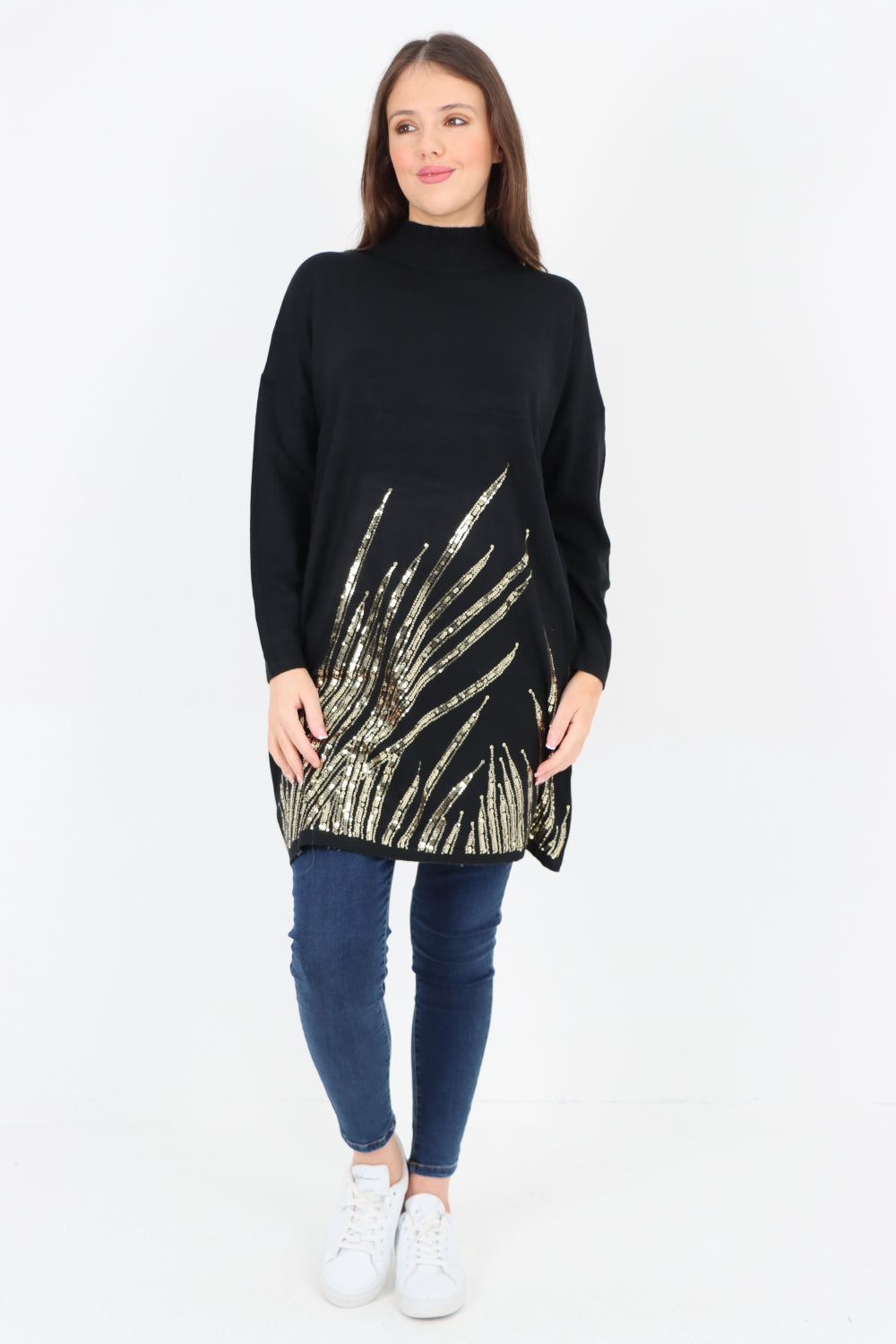 Embellished Sequin Print Cowl Neck Jumper Top