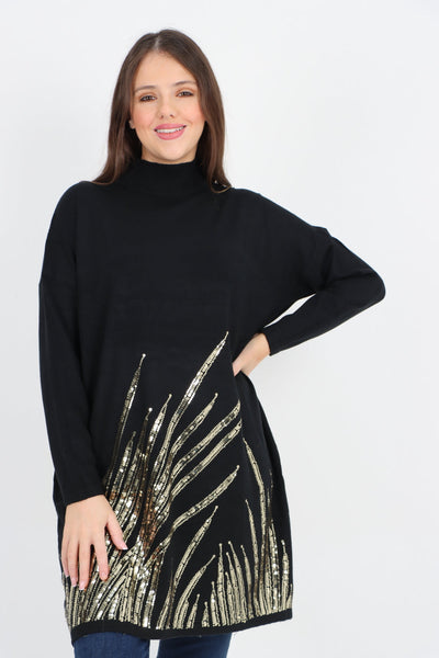 Embellished Sequin Print Cowl Neck Jumper Top