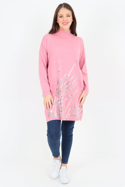 Embellished Sequin Print Cowl Neck Jumper Top