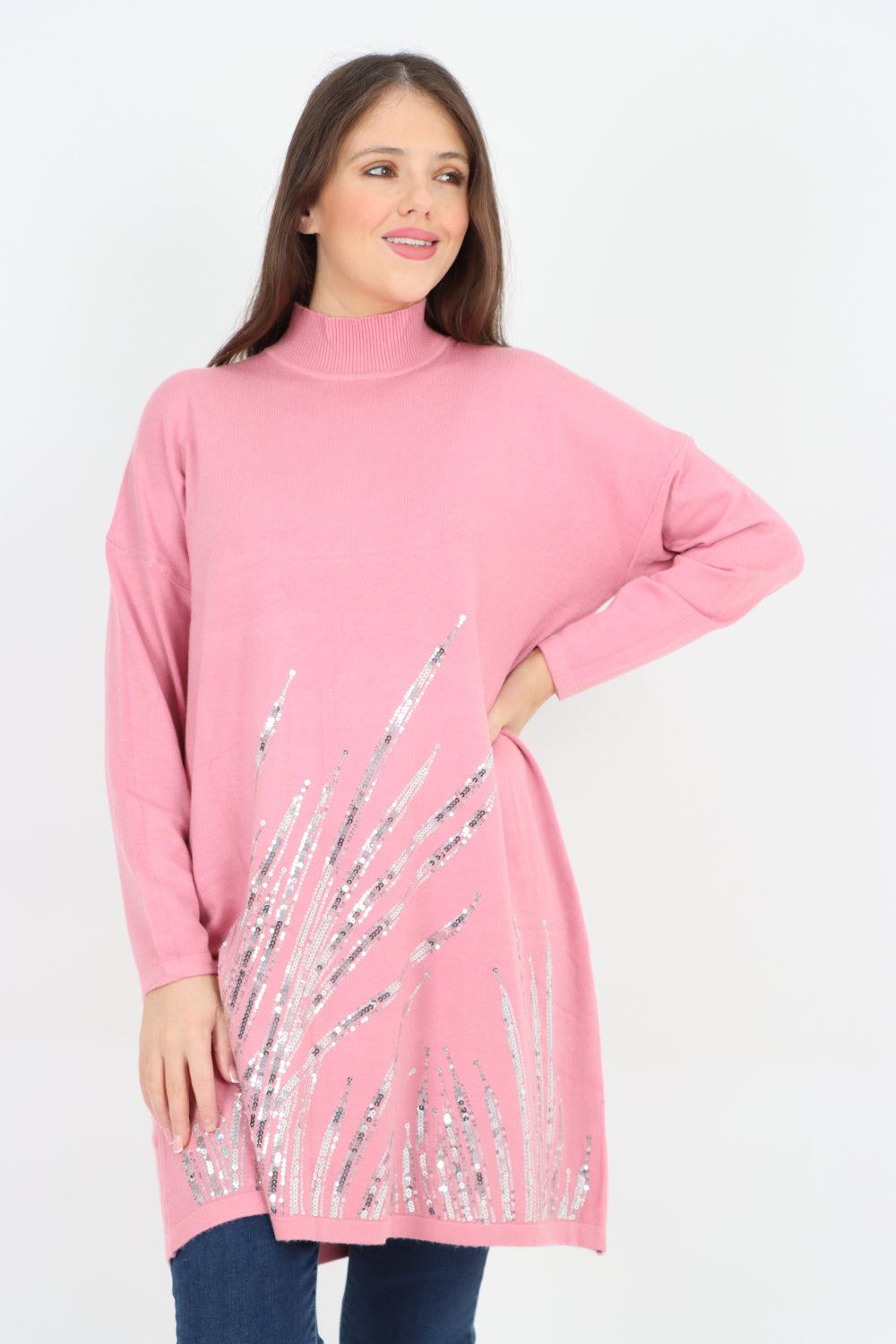 Embellished Sequin Print Cowl Neck Jumper Top