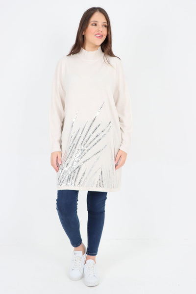 Embellished Sequin Print Cowl Neck Jumper Top