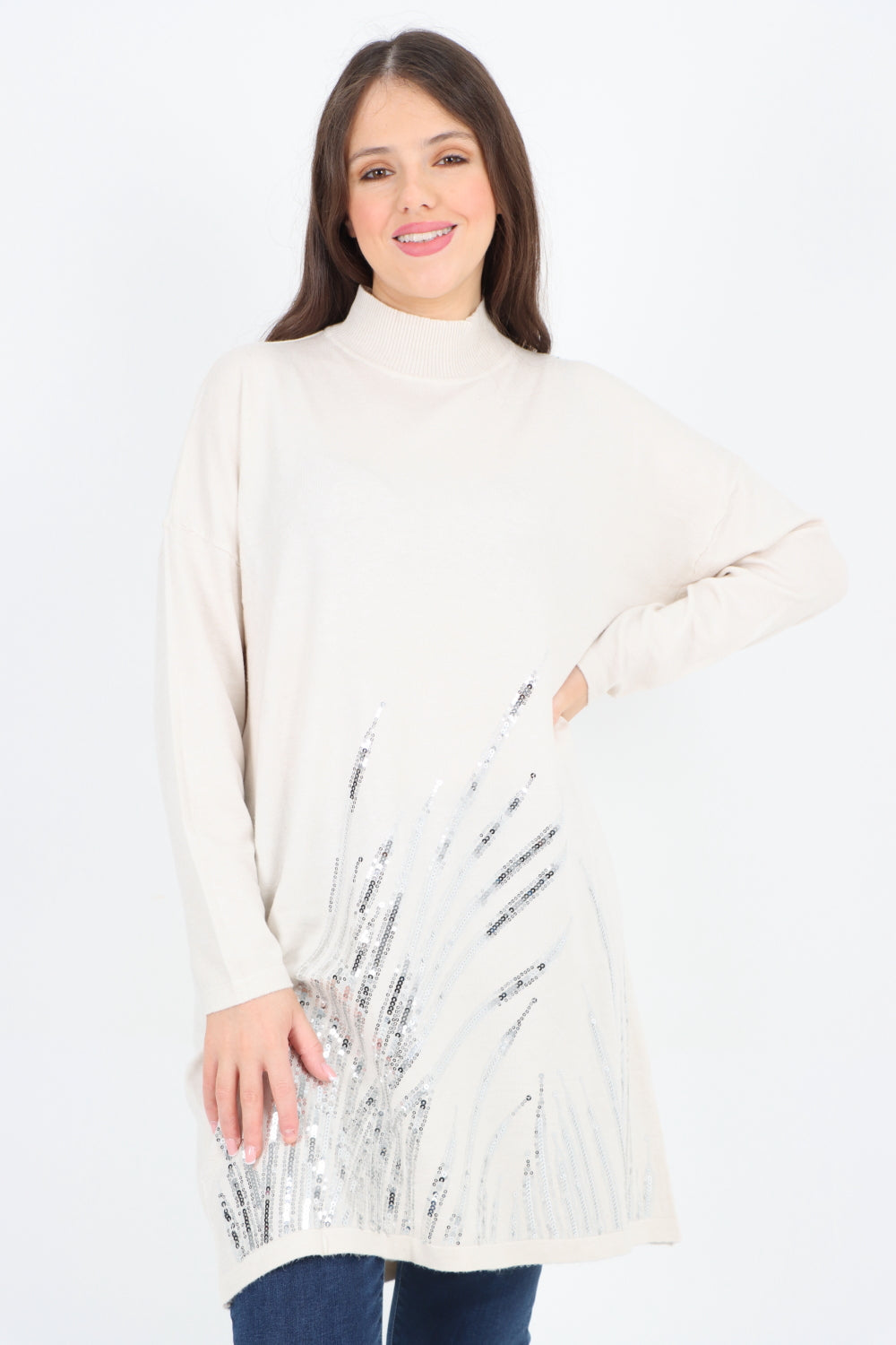 Embellished Sequin Print Cowl Neck Jumper Top