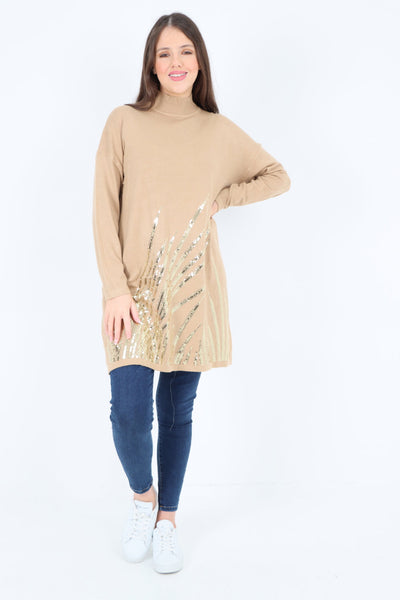 Embellished Sequin Print Cowl Neck Jumper Top