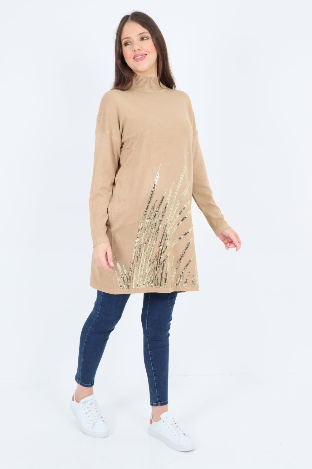 Embellished Sequin Print Cowl Neck Jumper Top