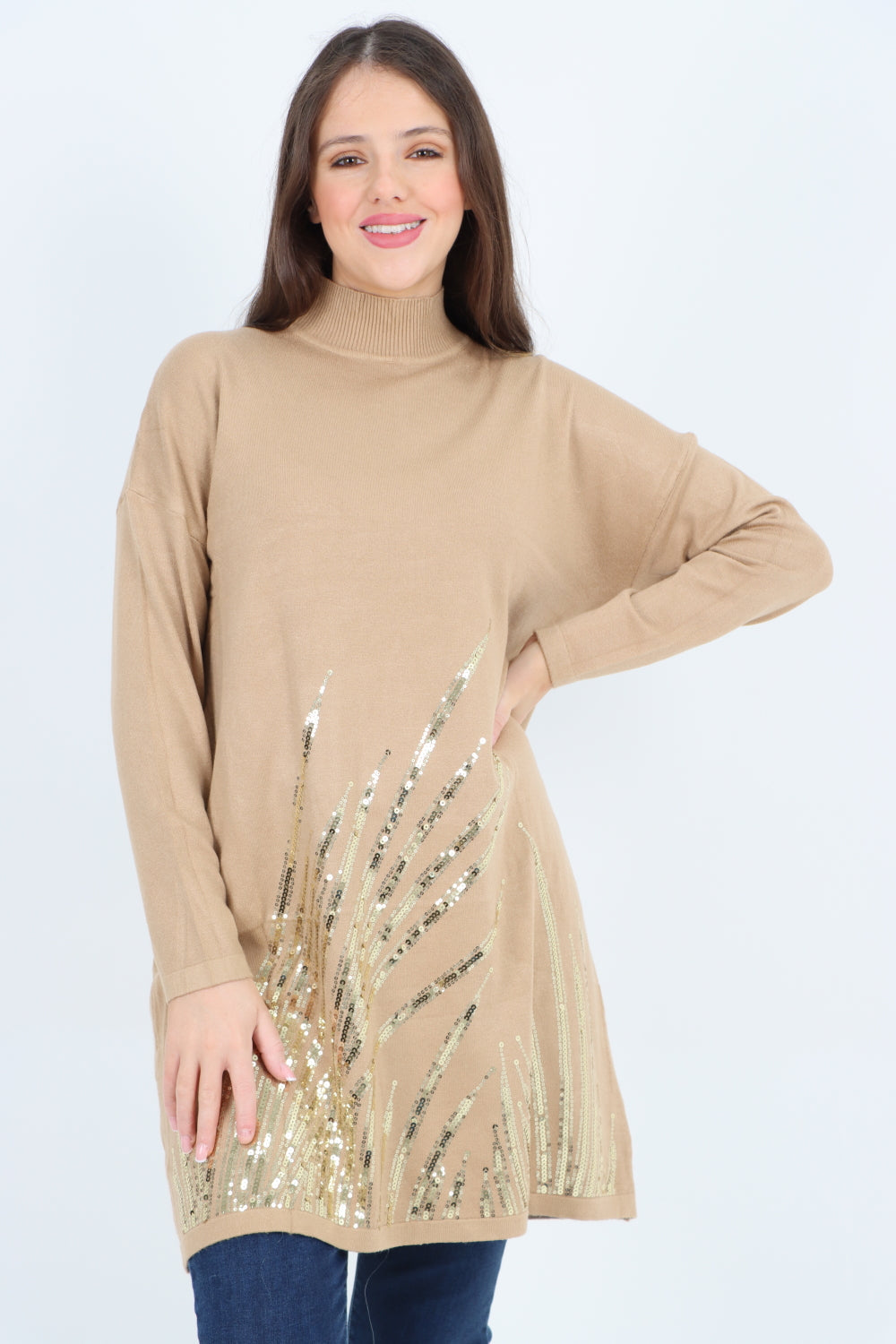 Embellished Sequin Print Cowl Neck Jumper Top