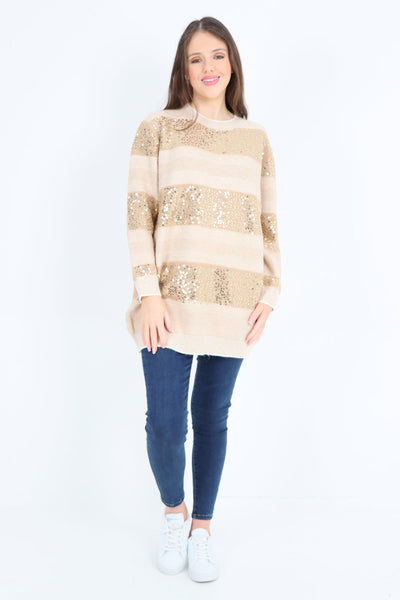 Sequin Stripe Knitted Long Sleeve Jumper Top