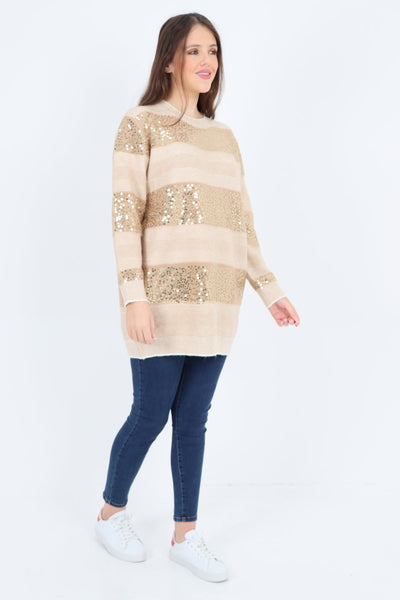 Sequin Stripe Knitted Long Sleeve Jumper Top