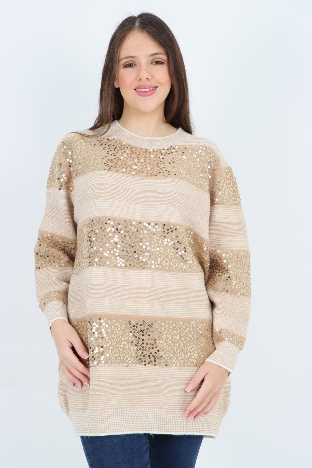 Sequin Stripe Knitted Long Sleeve Jumper Top