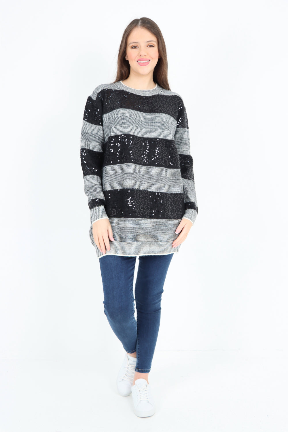 Sequin Stripe Knitted Long Sleeve Jumper Top