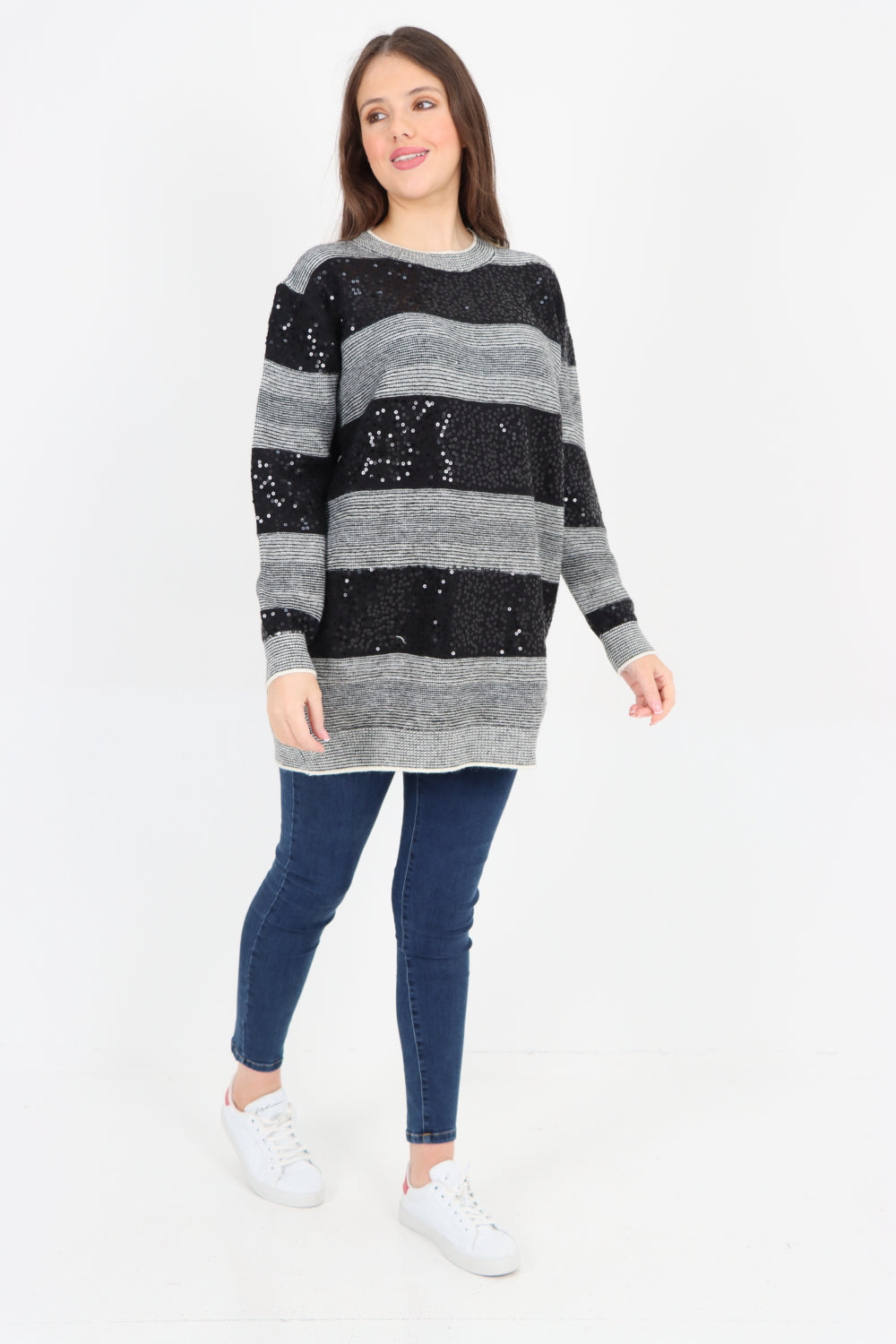 Sequin Stripe Knitted Long Sleeve Jumper Top