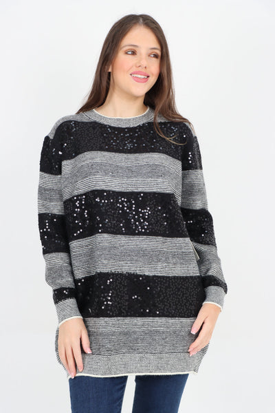 Sequin Stripe Knitted Long Sleeve Jumper Top