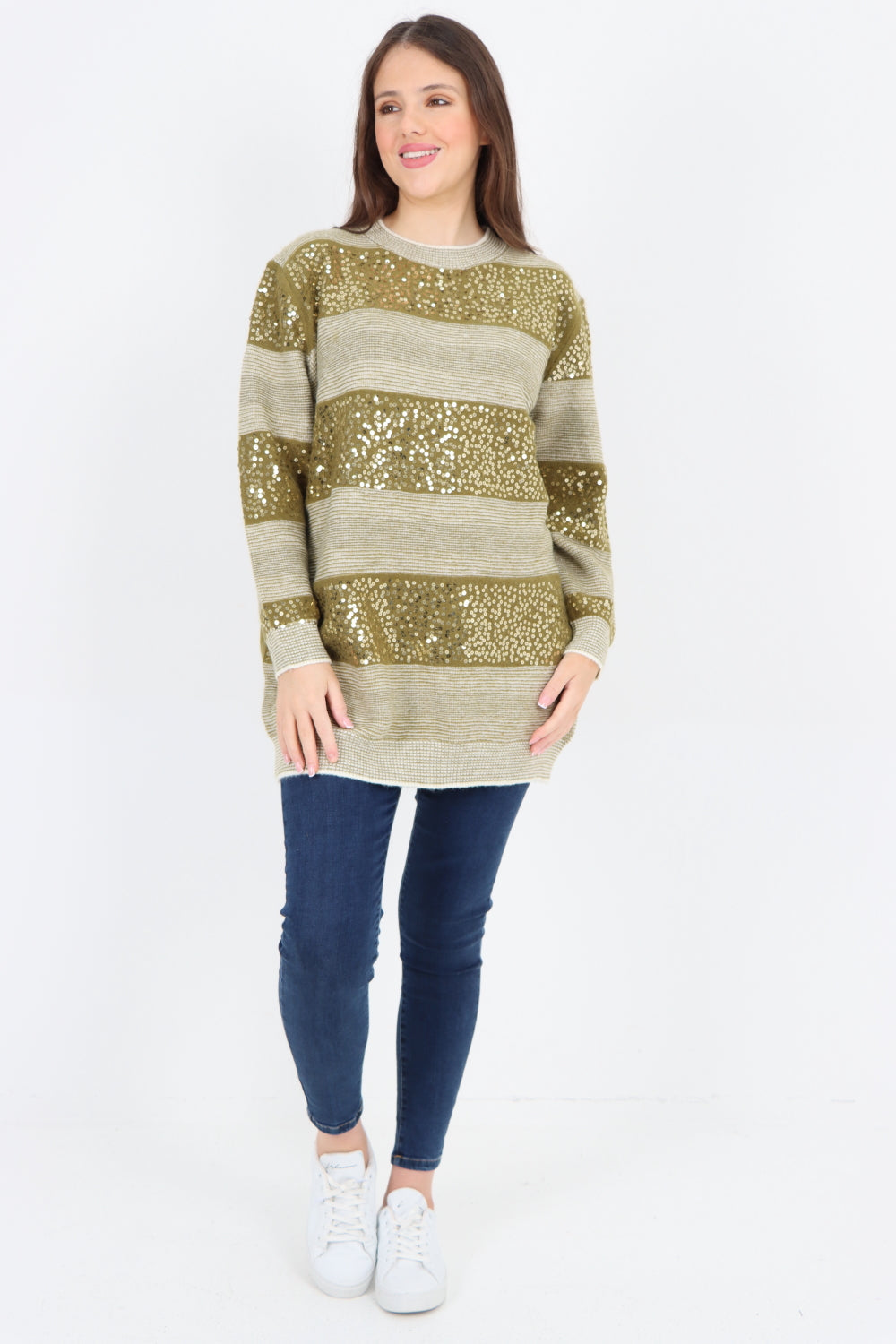 Sequin Stripe Knitted Long Sleeve Jumper Top