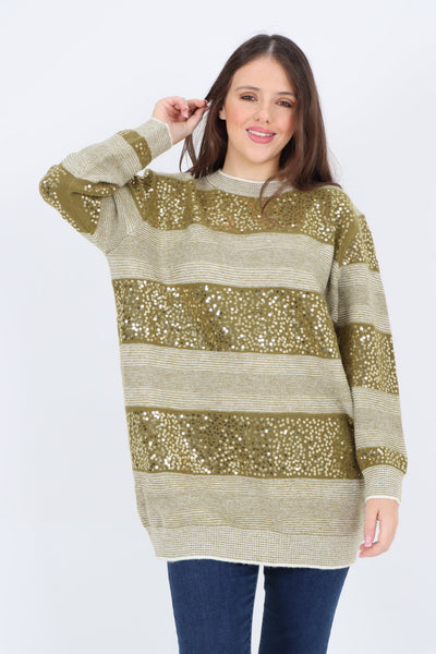 Sequin Stripe Knitted Long Sleeve Jumper Top