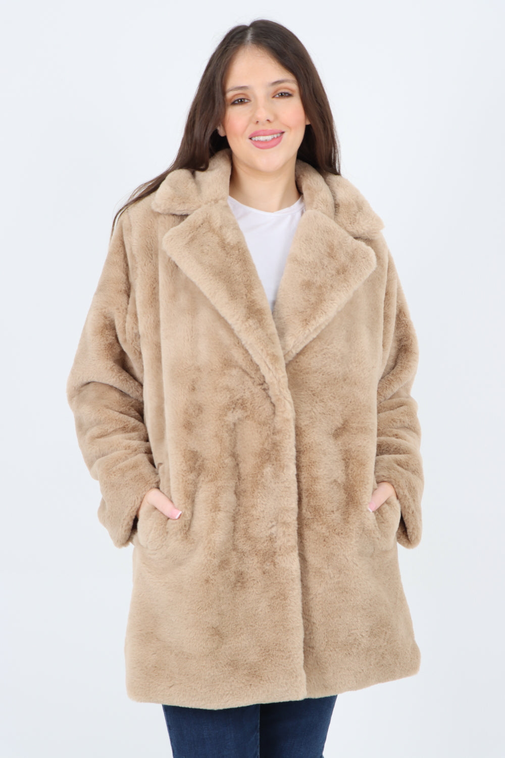 Mid Length Faux Fur Long Sleeve Teddy Coat