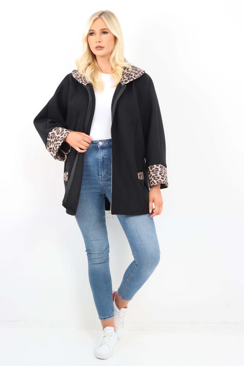 Leopard Collar Zip Up Front Pocket Coat