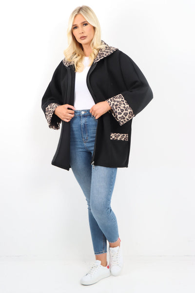 Leopard Collar Zip Up Front Pocket Coat