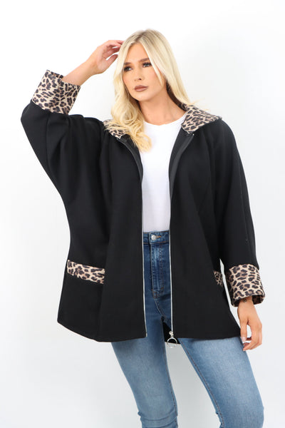 Leopard Collar Zip Up Front Pocket Coat