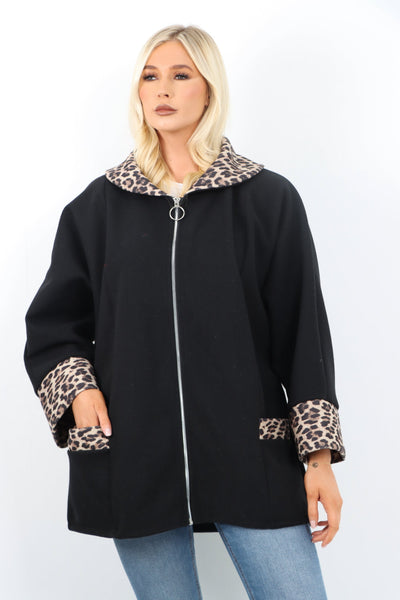 Leopard Collar Zip Up Front Pocket Coat