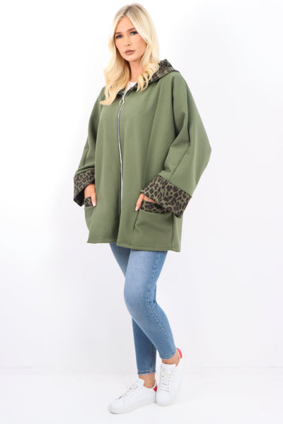 Leopard Collar Zip Up Front Pocket Coat