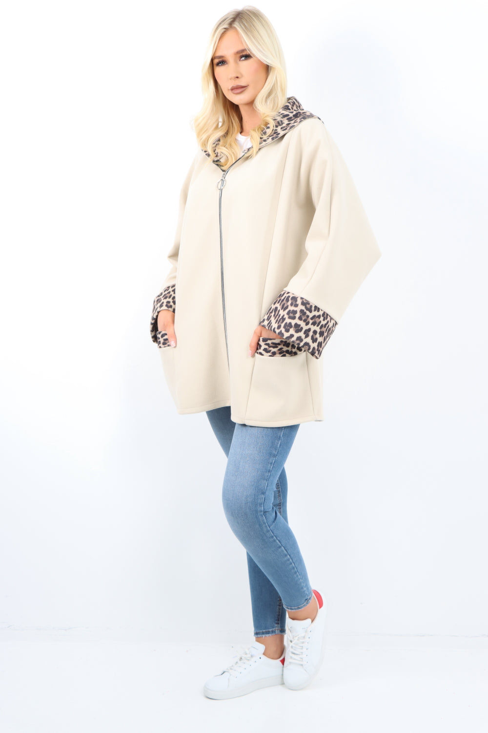 Leopard Collar Zip Up Front Pocket Coat