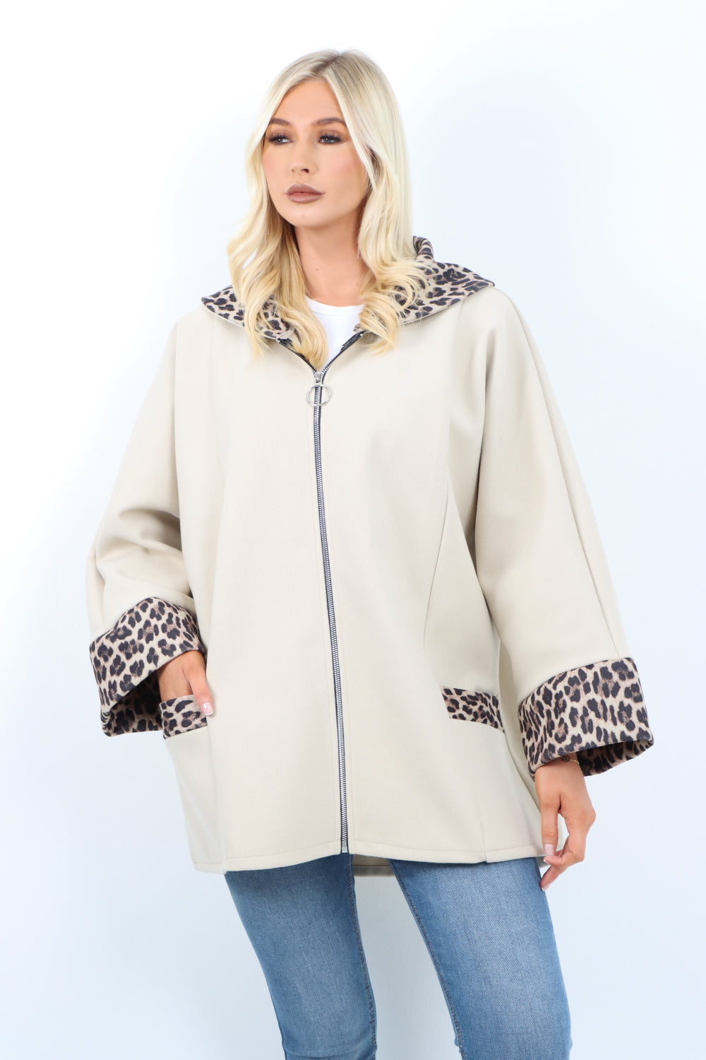 Leopard Collar Zip Up Front Pocket Coat