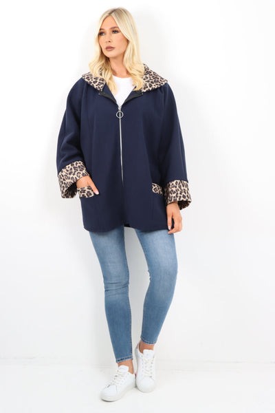 Leopard Collar Zip Up Front Pocket Coat