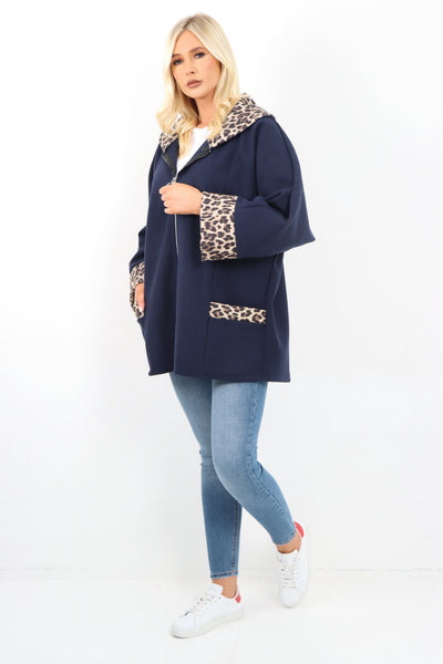 Leopard Collar Zip Up Front Pocket Coat