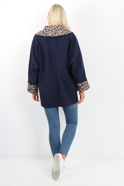 Leopard Collar Zip Up Front Pocket Coat