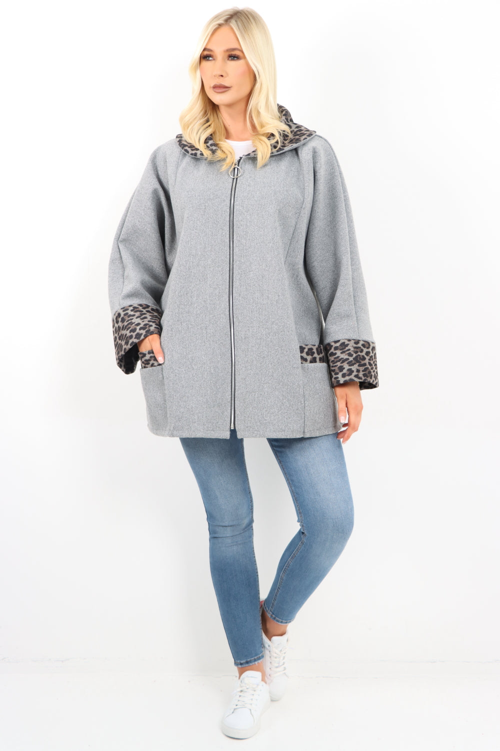 Leopard Collar Zip Up Front Pocket Coat